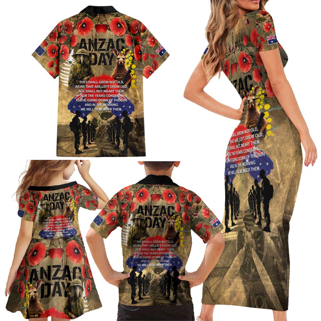Australia and New Zealand ANZAC Day Family Matching Short Sleeve Bodycon Dress and Hawaiian Shirt Kangaroo and Kiwi Bird Soldier-Honor and Remember Vintage Style