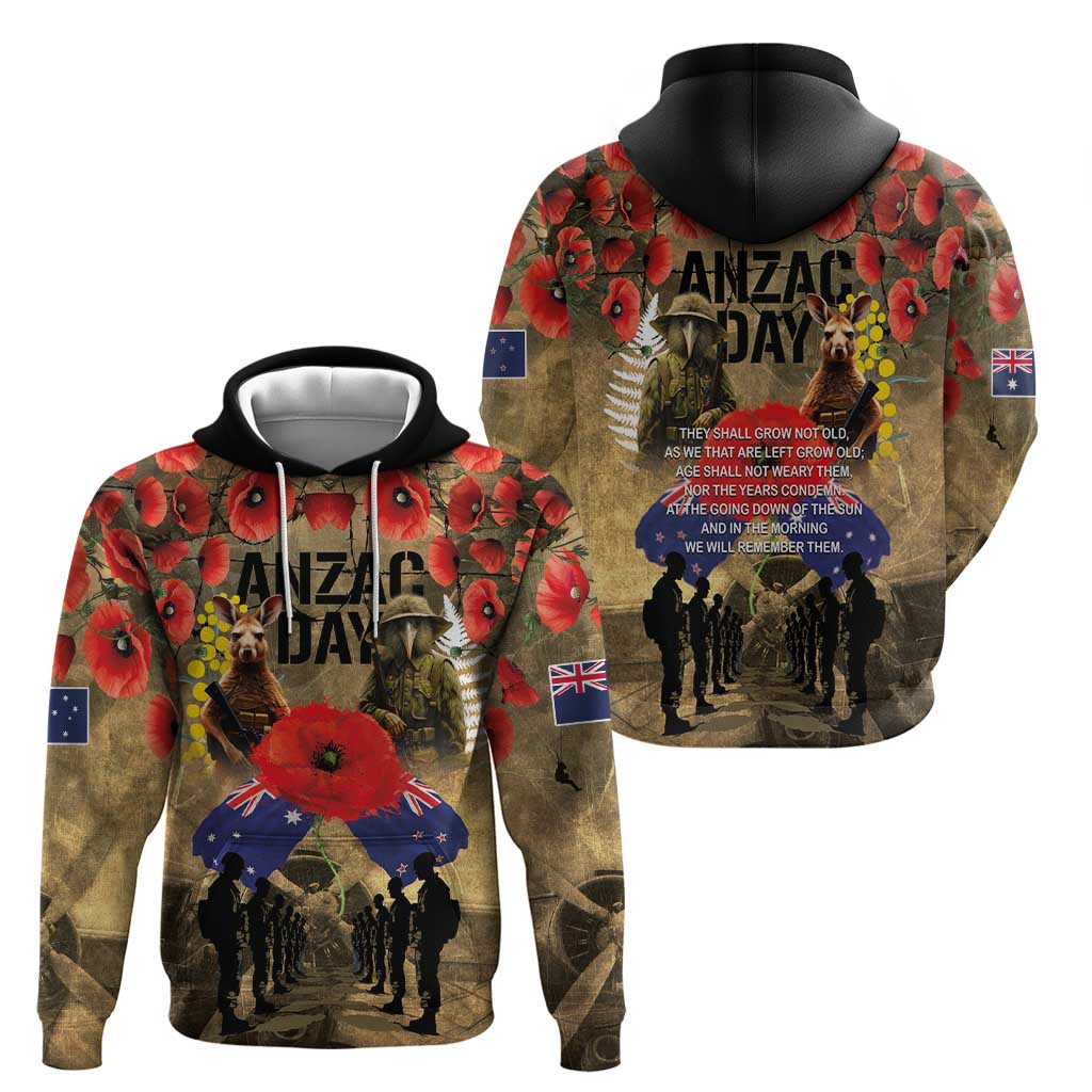 Australia and New Zealand ANZAC Day Hoodie Kangaroo and Kiwi Bird Soldier-Honor and Remember Vintage Style