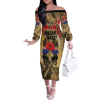 Australia and New Zealand ANZAC Day Off The Shoulder Long Sleeve Dress Kangaroo and Kiwi Bird Soldier-Honor and Remember Vintage Style