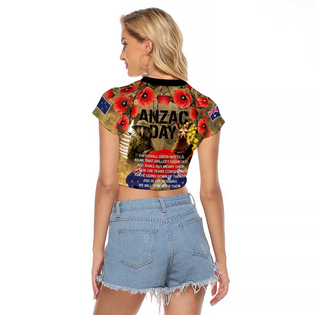 Australia and New Zealand ANZAC Day Raglan Cropped T Shirt Kangaroo and Kiwi Bird Soldier-Honor and Remember Vintage Style