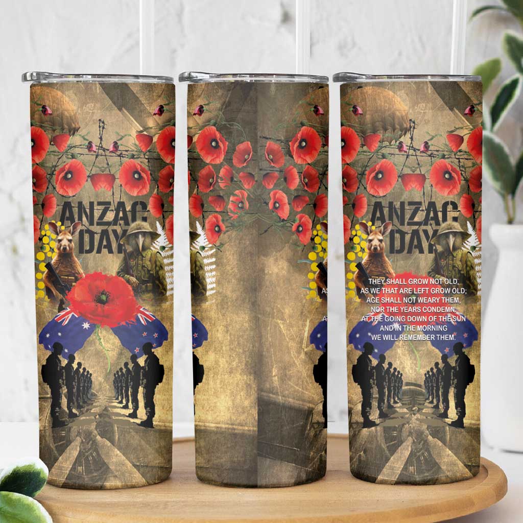 Australia and New Zealand ANZAC Day Skinny Tumbler Kangaroo and Kiwi Bird Soldier-Honor and Remember Vintage Style