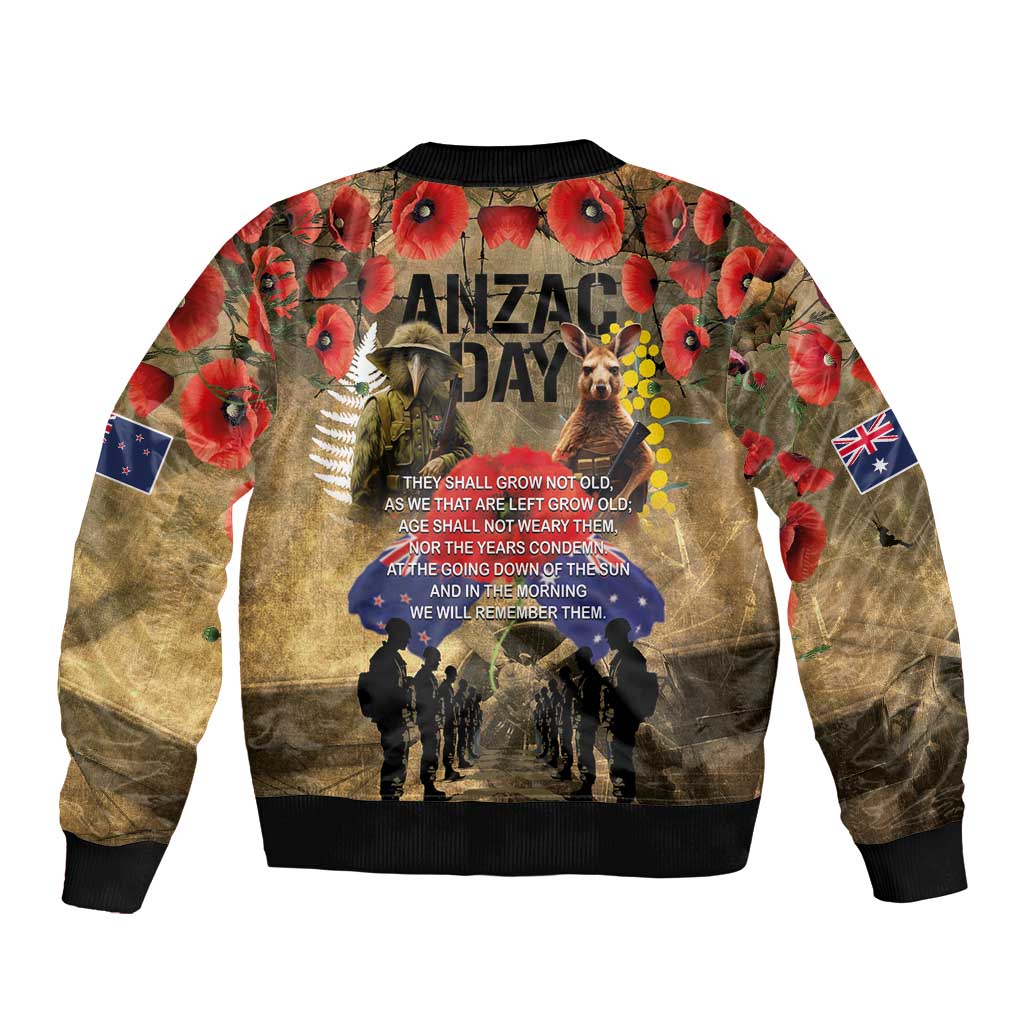 Australia and New Zealand ANZAC Day Sleeve Zip Bomber Jacket Kangaroo and Kiwi Bird Soldier-Honor and Remember Vintage Style
