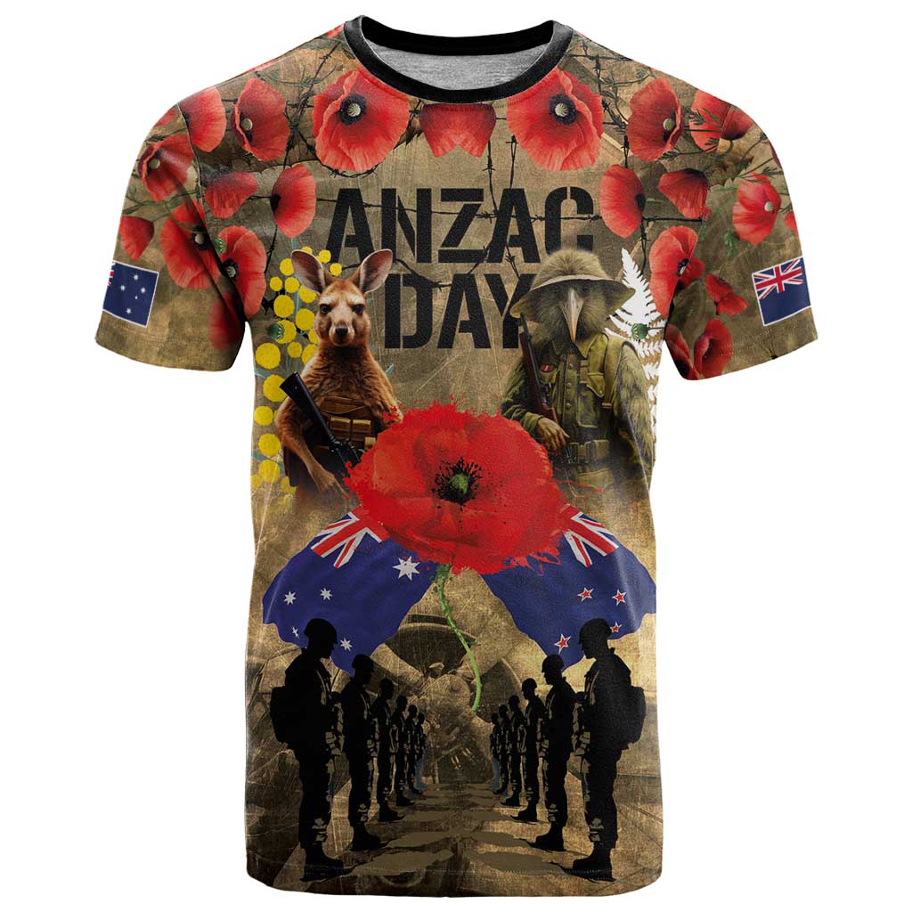 Australia and New Zealand ANZAC Day T Shirt Kangaroo and Kiwi Bird Soldier-Honor and Remember Vintage Style