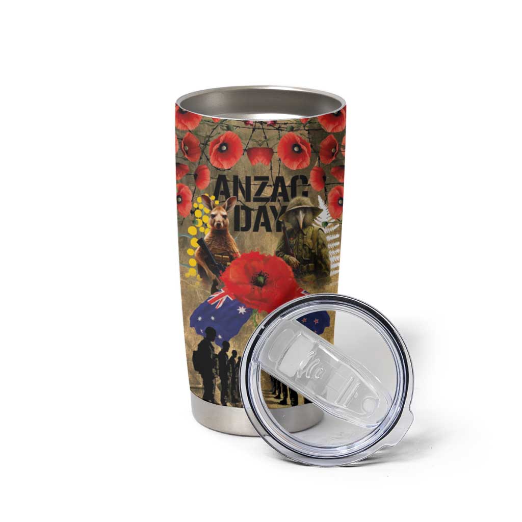 Australia and New Zealand ANZAC Day Tumbler Cup Kangaroo and Kiwi Bird Soldier-Honor and Remember Vintage Style