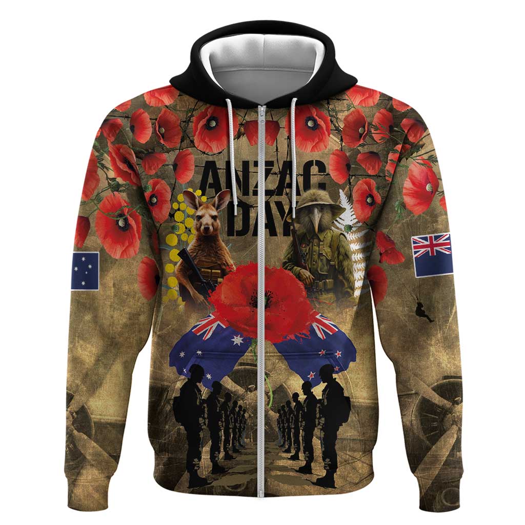 Australia and New Zealand ANZAC Day Zip Hoodie Kangaroo and Kiwi Bird Soldier-Honor and Remember Vintage Style