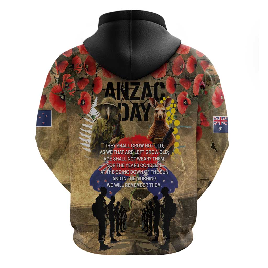 Australia and New Zealand ANZAC Day Zip Hoodie Kangaroo and Kiwi Bird Soldier-Honor and Remember Vintage Style