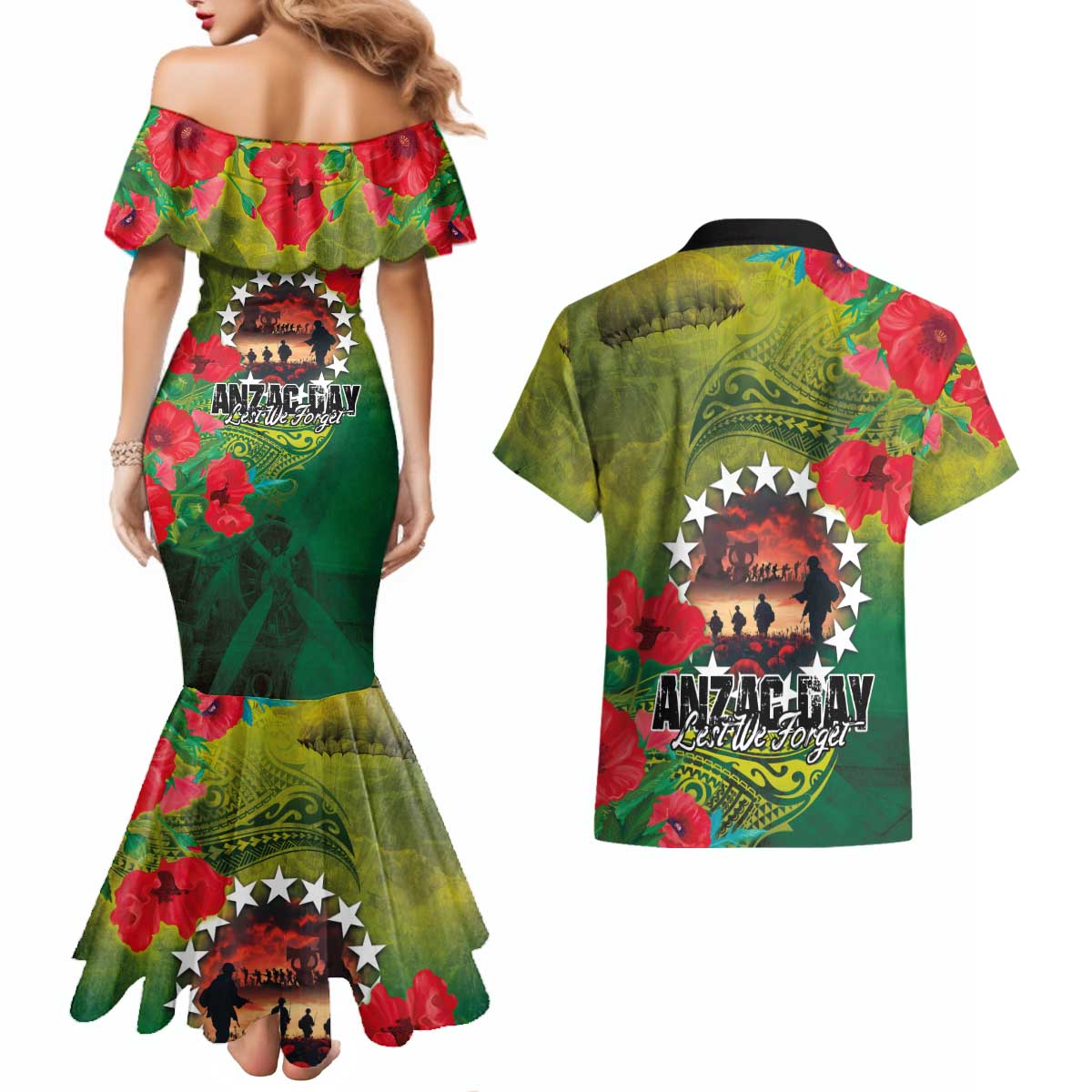 Cook Islands ANDAC Day Couples Matching Mermaid Dress and Hawaiian Shirt Honor and Remember Soliders-Forever in My Thoughts Grunge Style