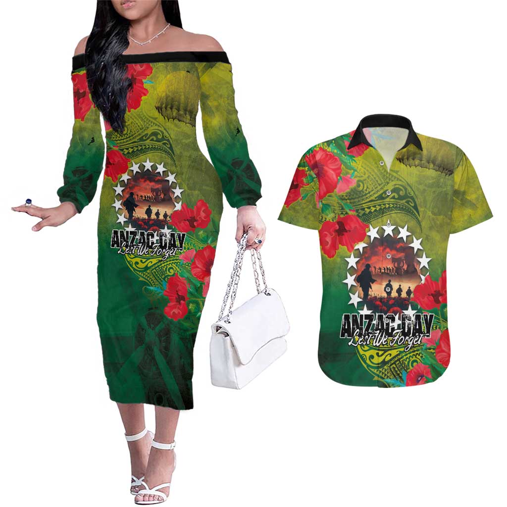 Cook Islands ANDAC Day Couples Matching Off The Shoulder Long Sleeve Dress and Hawaiian Shirt Honor and Remember Soliders-Forever in My Thoughts Grunge Style LT03 Green-Yellow - Polynesian Pride