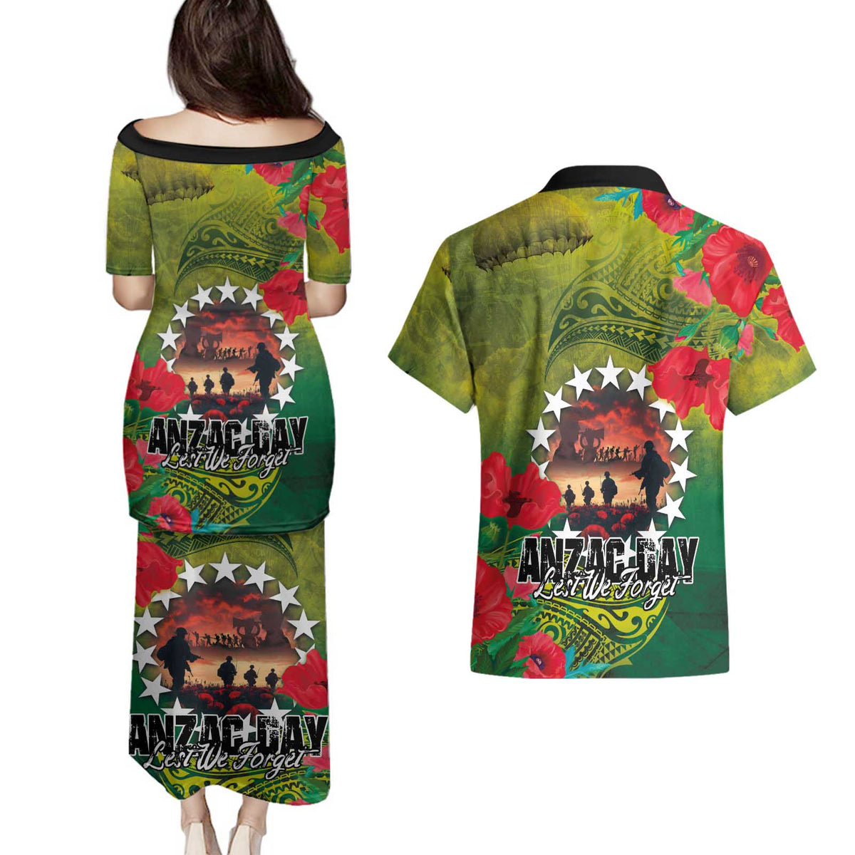 Cook Islands ANDAC Day Couples Matching Puletasi and Hawaiian Shirt Honor and Remember Soliders-Forever in My Thoughts Grunge Style