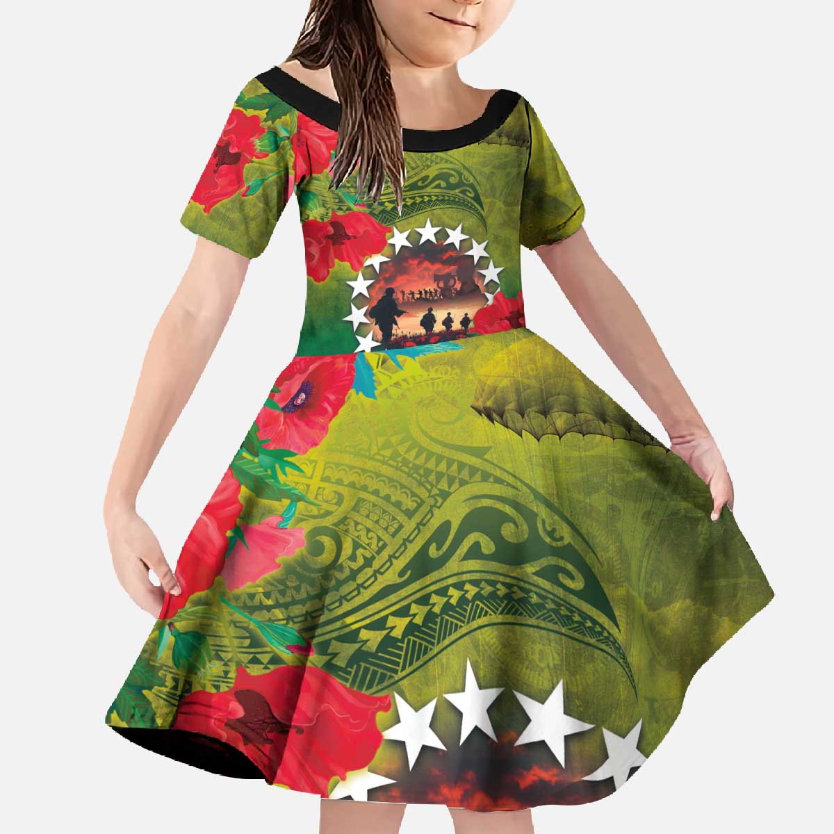 Cook Islands ANDAC Day Family Matching Off The Shoulder Long Sleeve Dress and Hawaiian Shirt Honor and Remember Soliders-Forever in My Thoughts Grunge Style LT03 Daughter's Dress Green-Yellow - Polynesian Pride