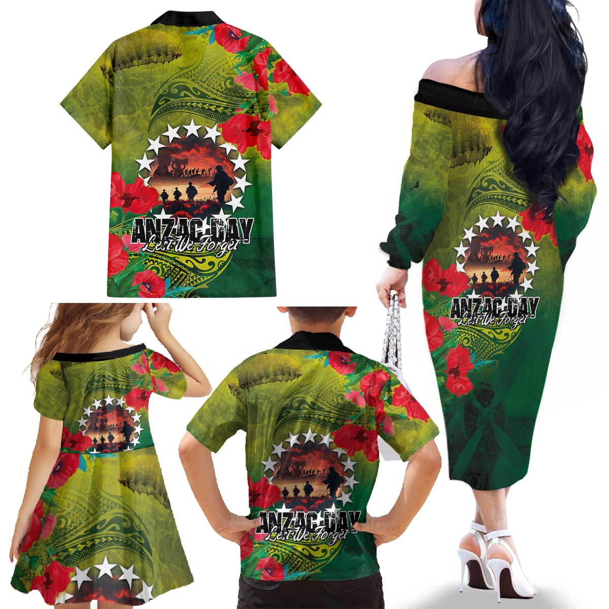 Cook Islands ANDAC Day Family Matching Off The Shoulder Long Sleeve Dress and Hawaiian Shirt Honor and Remember Soliders-Forever in My Thoughts Grunge Style LT03 - Polynesian Pride