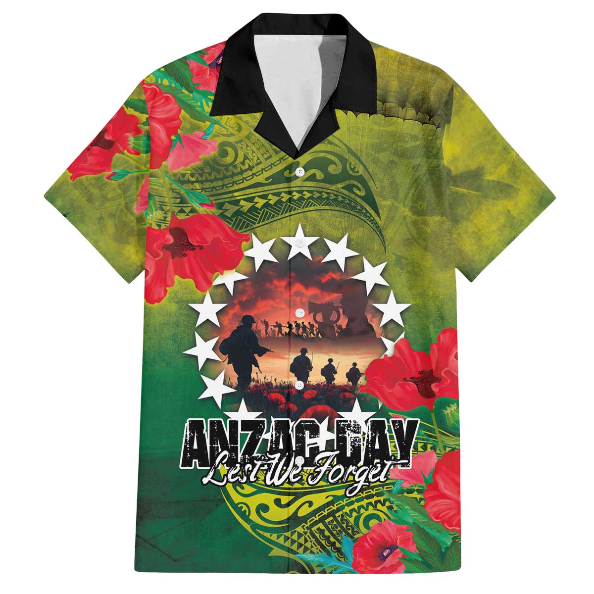 Cook Islands ANDAC Day Family Matching Off The Shoulder Long Sleeve Dress and Hawaiian Shirt Honor and Remember Soliders-Forever in My Thoughts Grunge Style LT03 Dad's Shirt - Short Sleeve Green-Yellow - Polynesian Pride