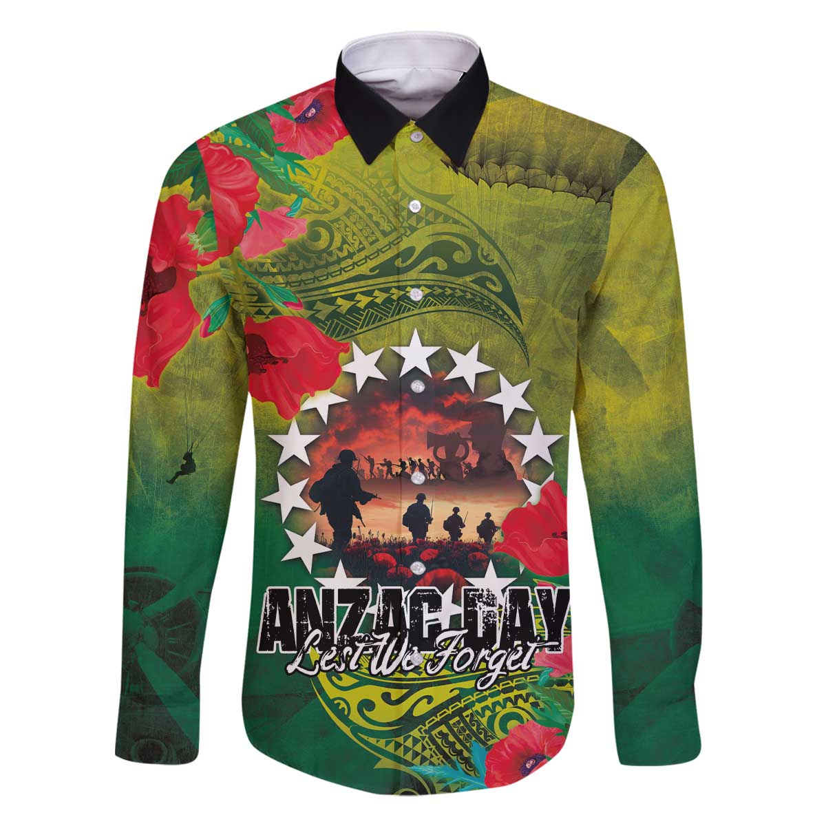 Cook Islands ANDAC Day Family Matching Off The Shoulder Long Sleeve Dress and Hawaiian Shirt Honor and Remember Soliders-Forever in My Thoughts Grunge Style LT03 Dad's Shirt - Long Sleeve Green-Yellow - Polynesian Pride