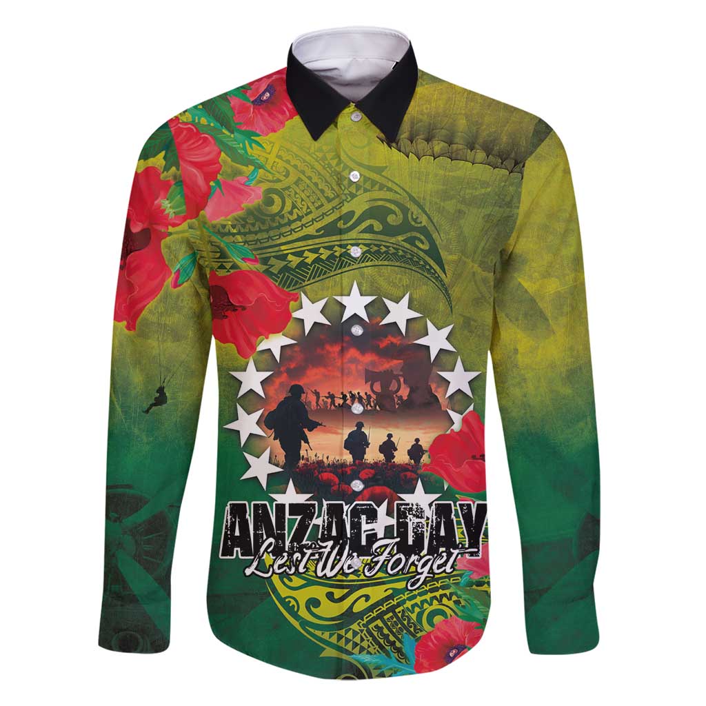 Cook Islands ANDAC Day Family Matching Off Shoulder Maxi Dress and Hawaiian Shirt Honor and Remember Soliders-Forever in My Thoughts Grunge Style LT03 Dad's Shirt - Long Sleeve Green-Yellow - Polynesian Pride