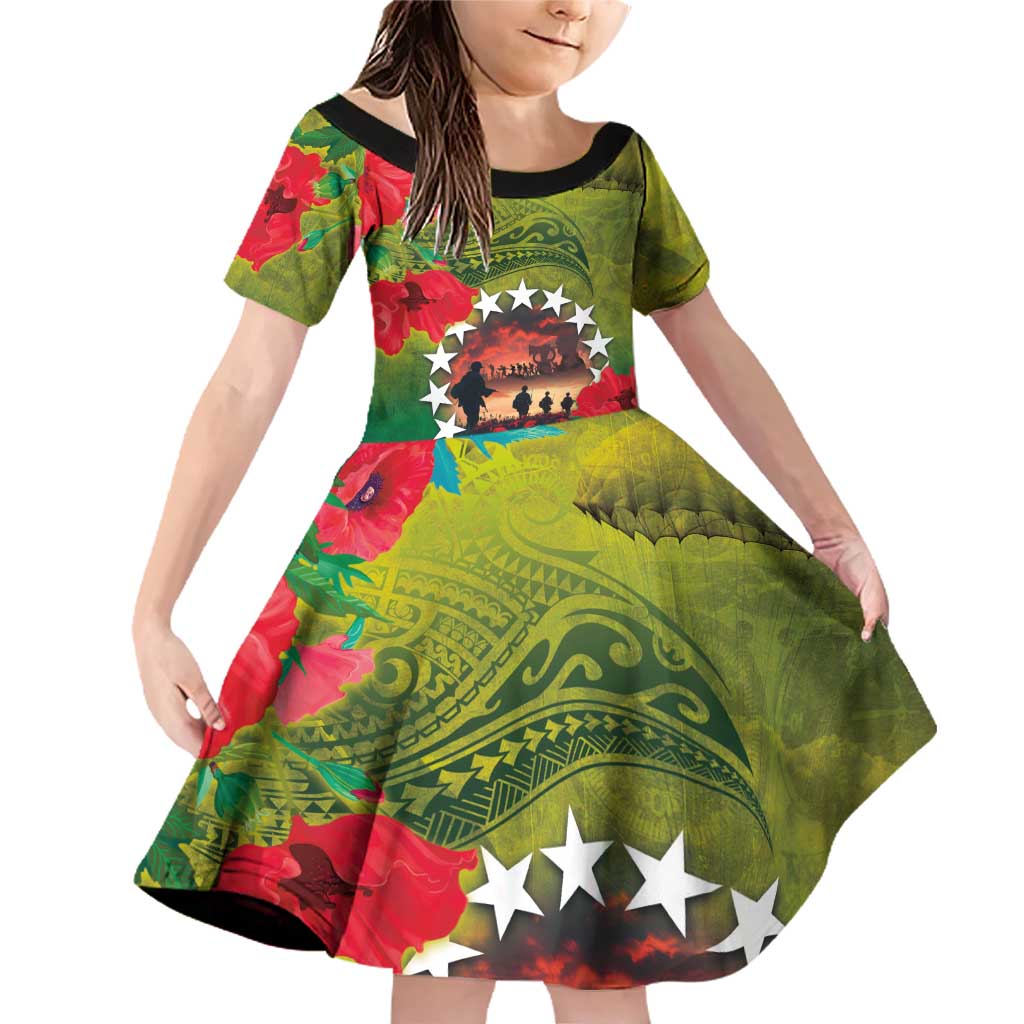 Cook Islands ANDAC Day Family Matching Off Shoulder Short Dress and Hawaiian Shirt Honor and Remember Soliders-Forever in My Thoughts Grunge Style LT03 Daughter's Dress Green-Yellow - Polynesian Pride