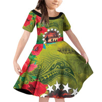 Cook Islands ANDAC Day Family Matching Off Shoulder Short Dress and Hawaiian Shirt Honor and Remember Soliders-Forever in My Thoughts Grunge Style LT03 Daughter's Dress Green-Yellow - Polynesian Pride