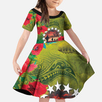 Cook Islands ANDAC Day Family Matching Puletasi and Hawaiian Shirt Honor and Remember Soliders-Forever in My Thoughts Grunge Style LT03 Daughter's Dress Green-Yellow - Polynesian Pride