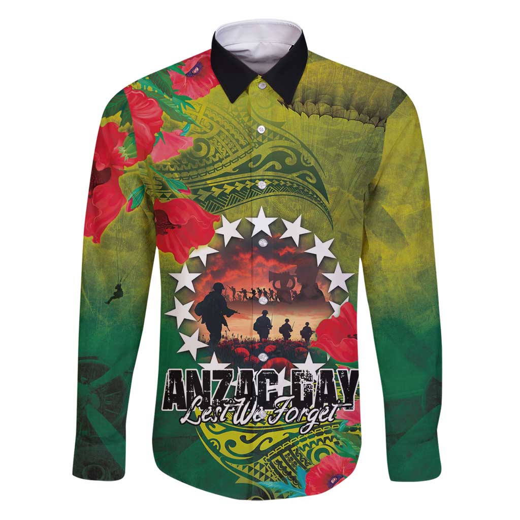 Cook Islands ANDAC Day Family Matching Puletasi and Hawaiian Shirt Honor and Remember Soliders-Forever in My Thoughts Grunge Style LT03 Dad's Shirt - Long Sleeve Green-Yellow - Polynesian Pride