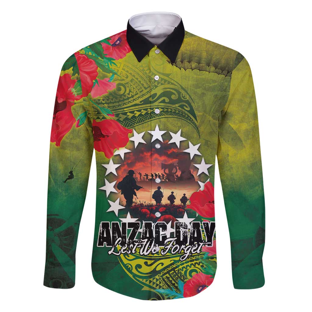 Cook Islands ANDAC Day Family Matching Short Sleeve Bodycon Dress and Hawaiian Shirt Honor and Remember Soliders-Forever in My Thoughts Grunge Style LT03 Dad's Shirt - Long Sleeve Green-Yellow - Polynesian Pride