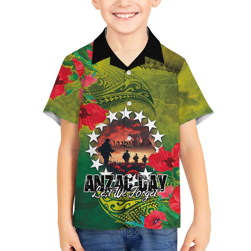 Cook Islands ANDAC Day Family Matching Short Sleeve Bodycon Dress and Hawaiian Shirt Honor and Remember Soliders-Forever in My Thoughts Grunge Style LT03 Son's Shirt Green-Yellow - Polynesian Pride