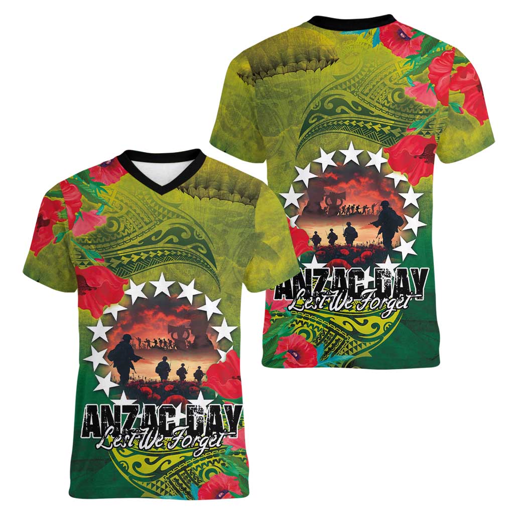 Cook Islands ANDAC Day Women V-Neck T-Shirt Honor and Remember Soliders-Forever in My Thoughts Grunge Style