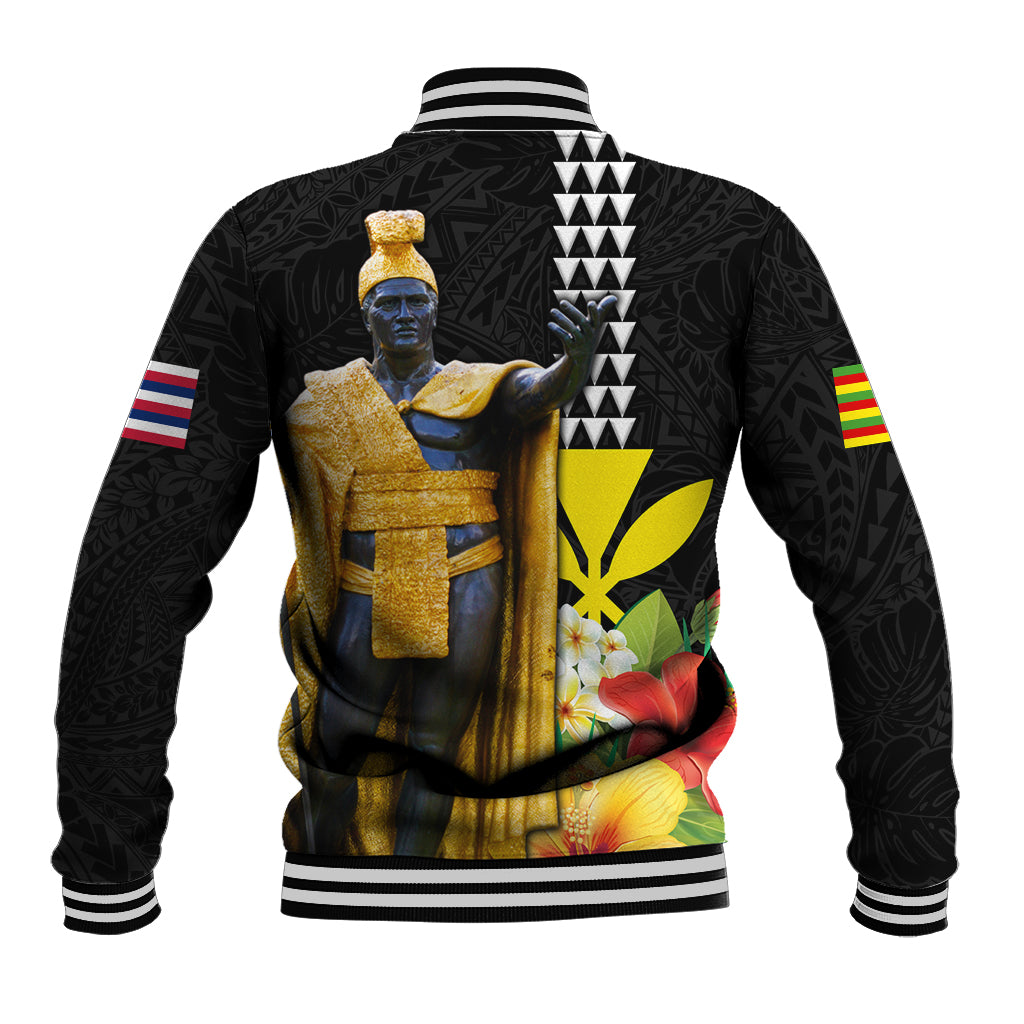 Hawaii King Kamehameha Day Baseball Jacket Kanaka Maoli Hibiscus Flower and Kakau Pattern