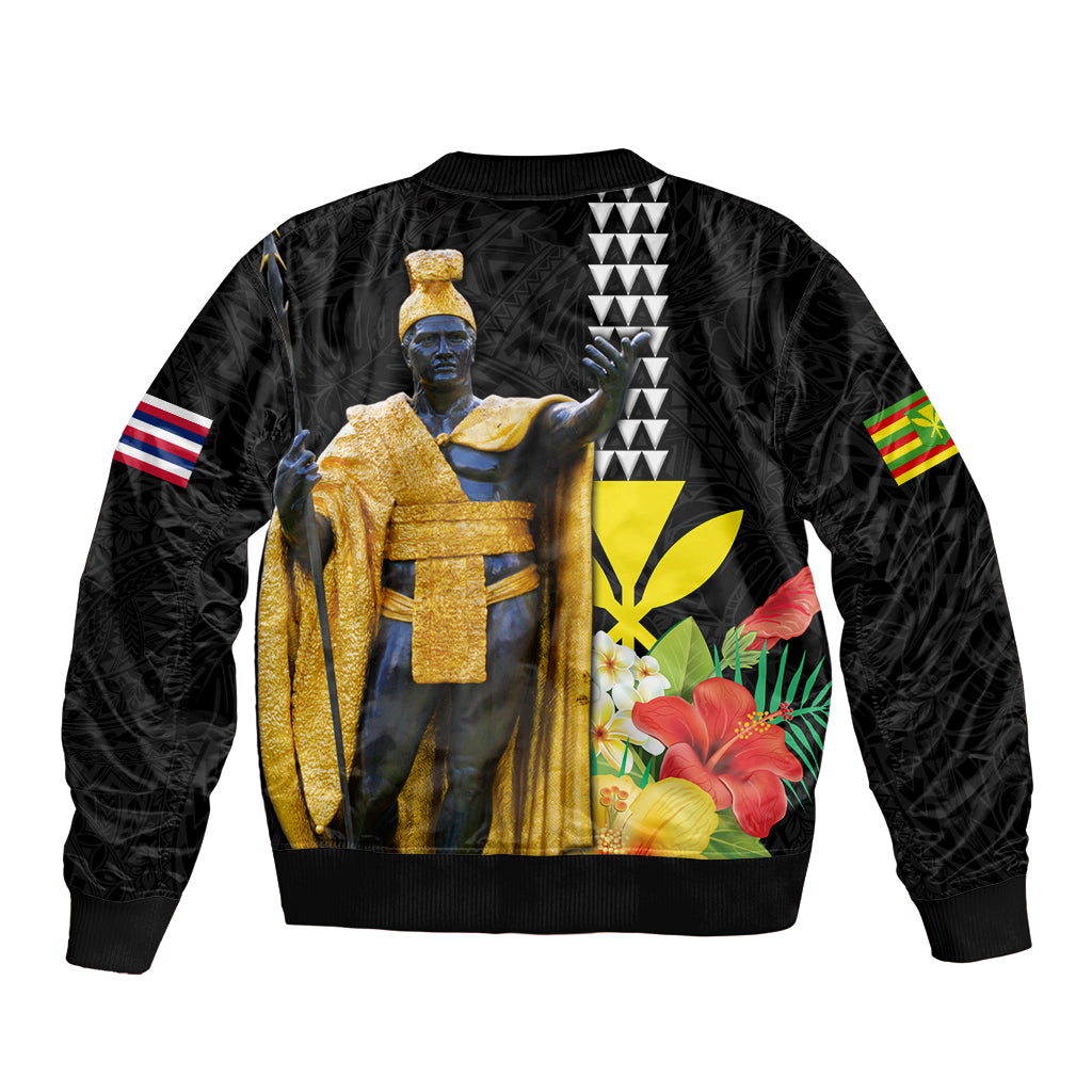 Hawaii King Kamehameha Day Bomber Jacket Kanaka Maoli Hibiscus Flower and Kakau Pattern