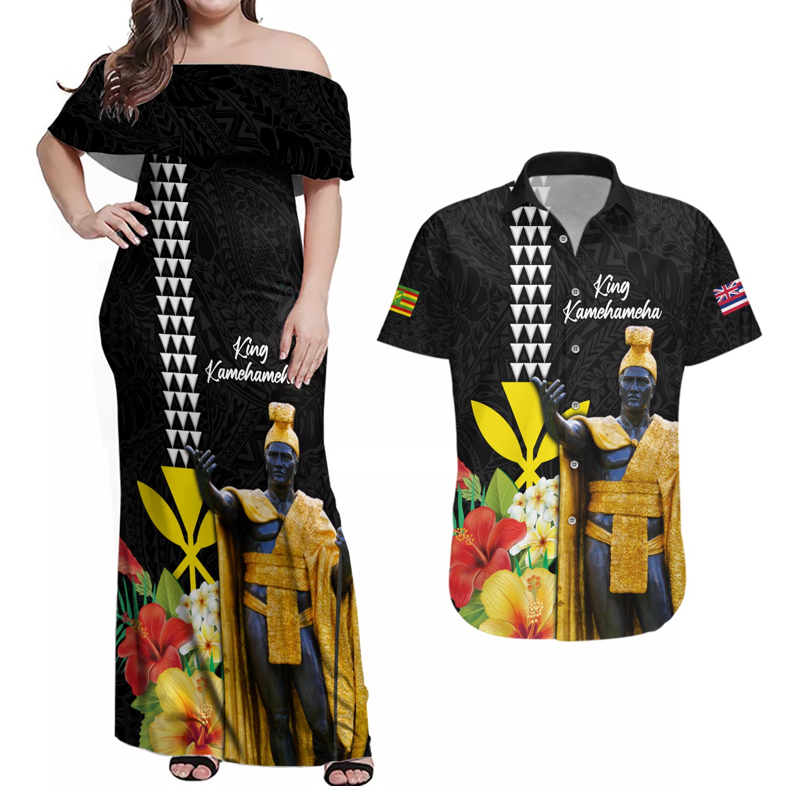 Hawaii King Kamehameha Day Couples Matching Off Shoulder Maxi Dress and Hawaiian Shirt Kanaka Maoli Hibiscus Flower and Kakau Pattern