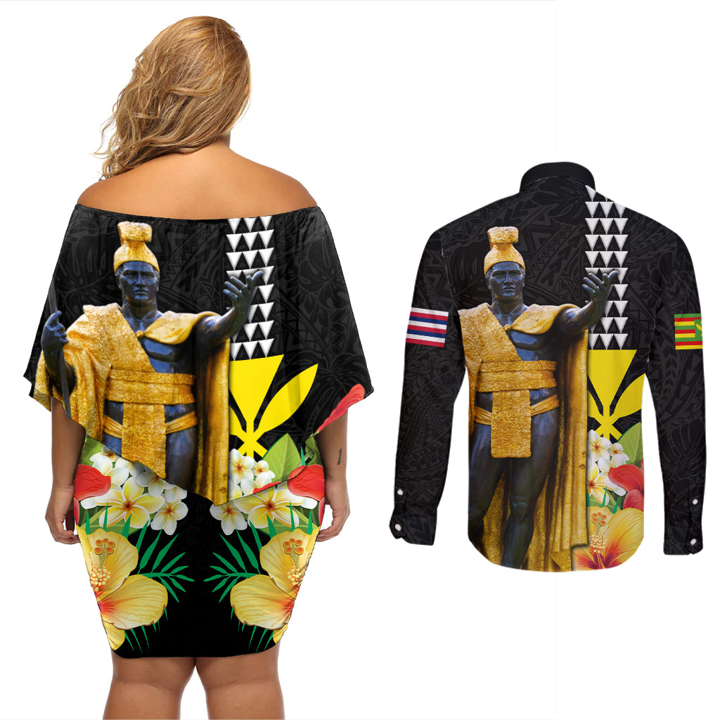 Hawaii King Kamehameha Day Couples Matching Off Shoulder Short Dress and Long Sleeve Button Shirt Kanaka Maoli Hibiscus Flower and Kakau Pattern