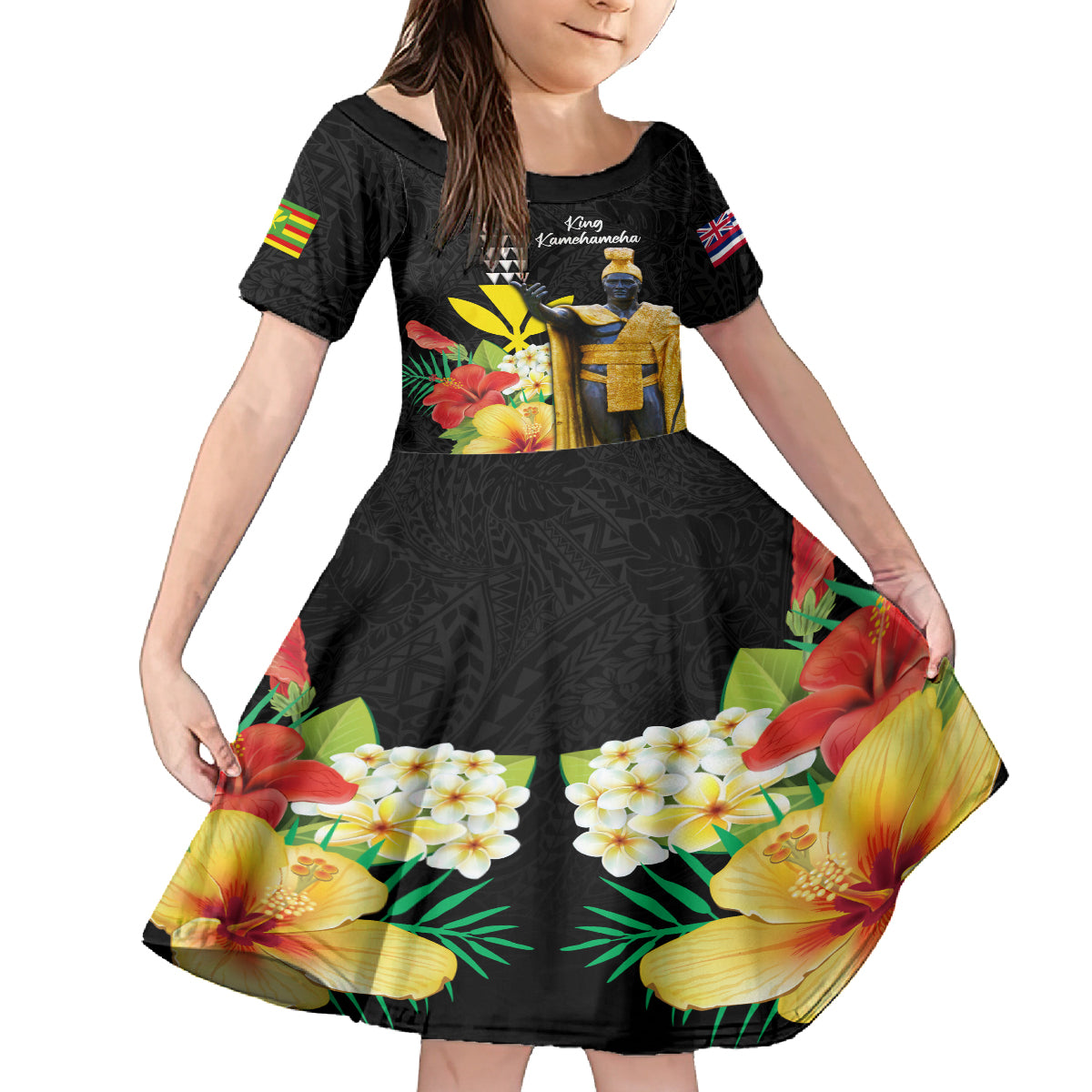 Hawaii King Kamehameha Day Family Matching Off The Shoulder Long Sleeve Dress and Hawaiian Shirt Kanaka Maoli Hibiscus Flower and Kakau Pattern