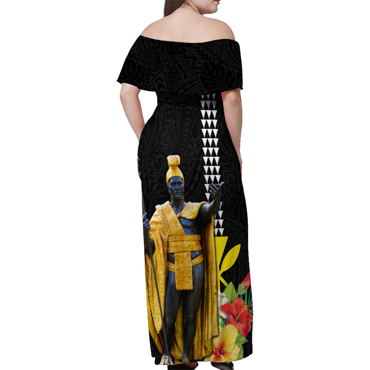 Hawaii King Kamehameha Day Family Matching Off Shoulder Maxi Dress and Hawaiian Shirt Kanaka Maoli Hibiscus Flower and Kakau Pattern