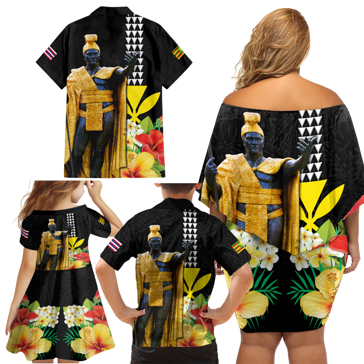 Hawaii King Kamehameha Day Family Matching Off Shoulder Short Dress and Hawaiian Shirt Kanaka Maoli Hibiscus Flower and Kakau Pattern