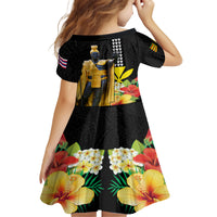 Hawaii King Kamehameha Day Kid Short Sleeve Dress Kanaka Maoli Hibiscus Flower and Kakau Pattern