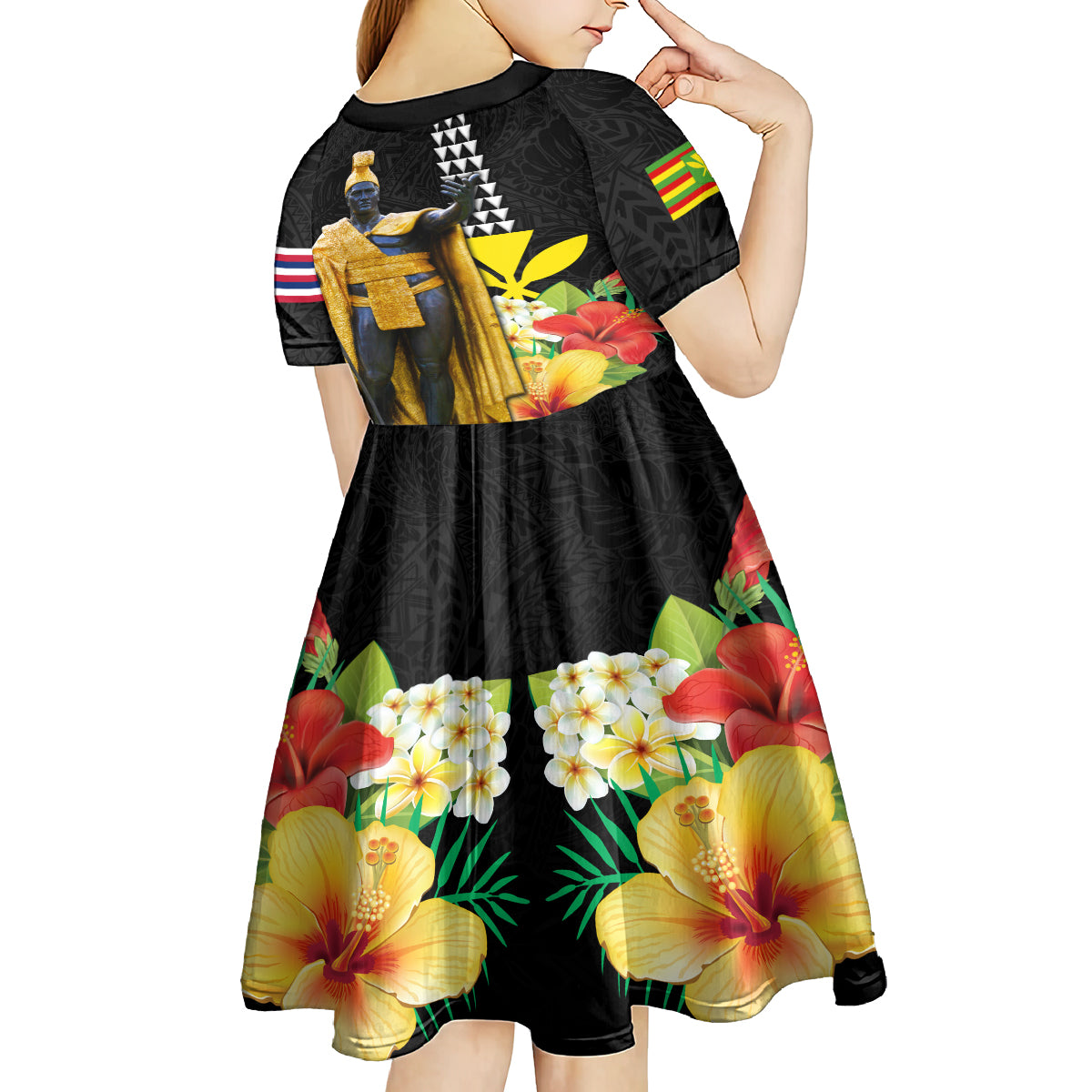 Hawaii King Kamehameha Day Kid Short Sleeve Dress Kanaka Maoli Hibiscus Flower and Kakau Pattern
