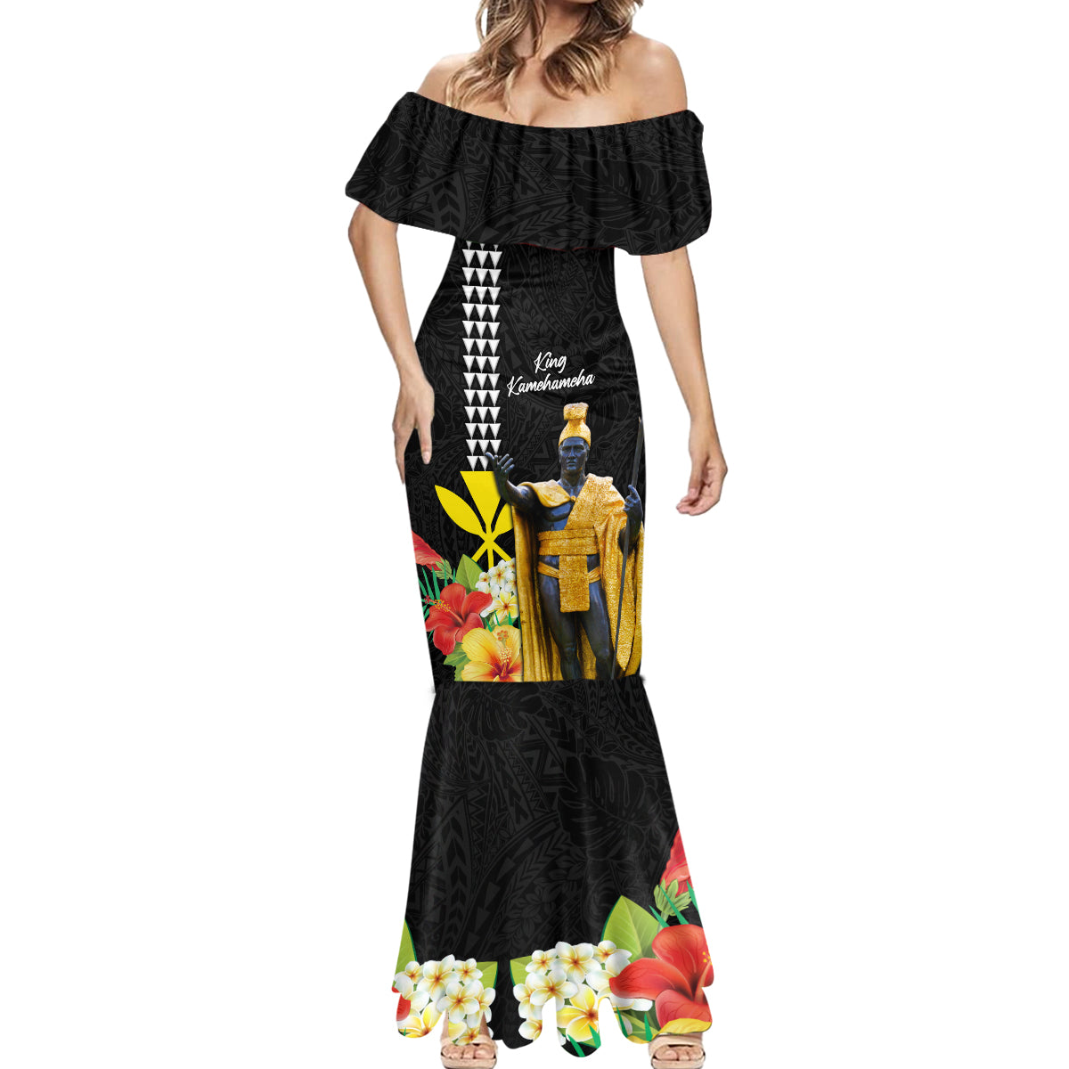 Hawaii King Kamehameha Day Mermaid Dress Kanaka Maoli Hibiscus Flower and Kakau Pattern