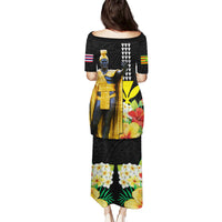 Hawaii King Kamehameha Day Puletasi Kanaka Maoli Hibiscus Flower and Kakau Pattern