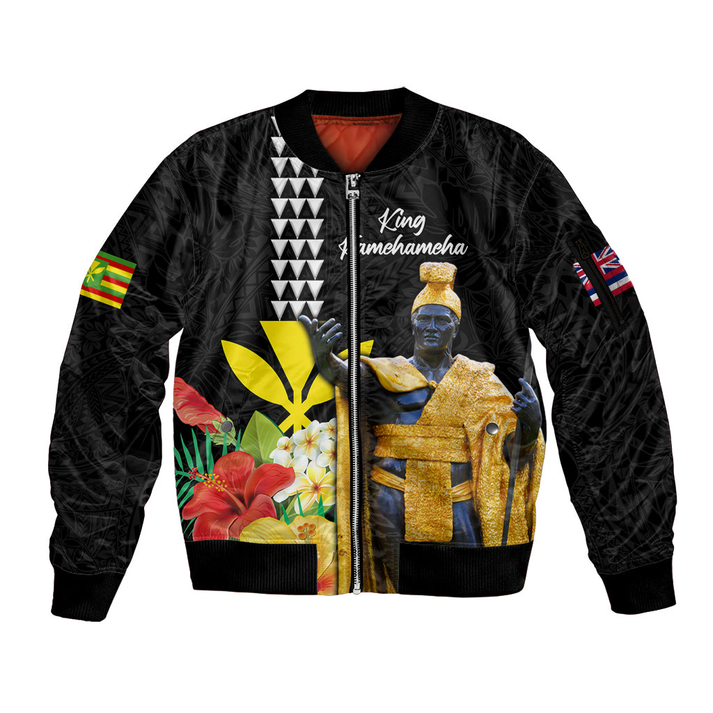 Hawaii King Kamehameha Day Sleeve Zip Bomber Jacket Kanaka Maoli Hibiscus Flower and Kakau Pattern