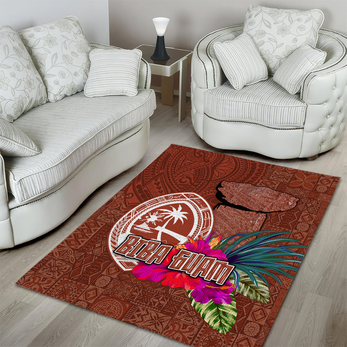 Chamorro Biba Guam Area Rug Latte Stone Tribal and Hibiscus Flower Tapa Pattern