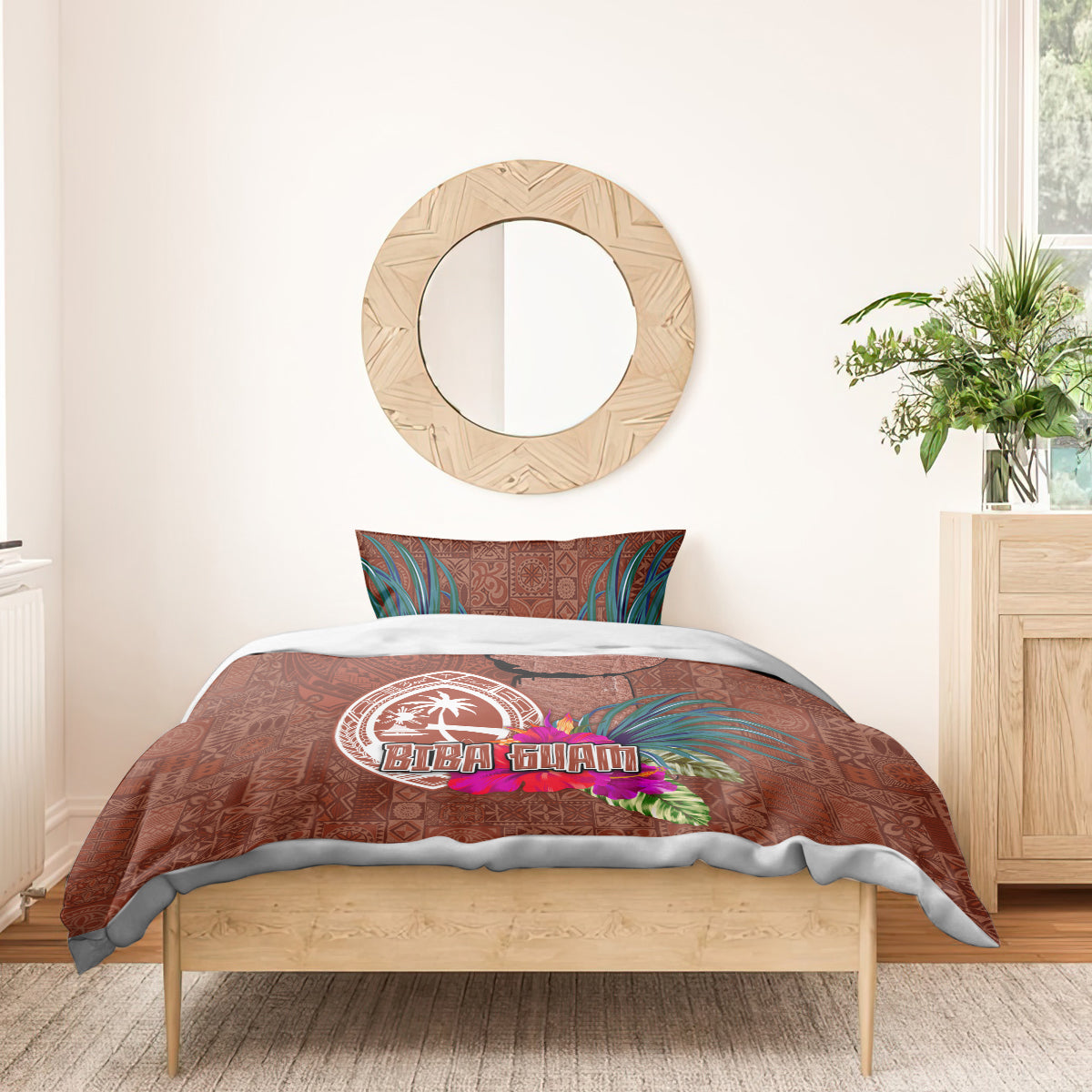 Chamorro Biba Guam Bedding Set Latte Stone Tribal and Hibiscus Flower Tapa Pattern