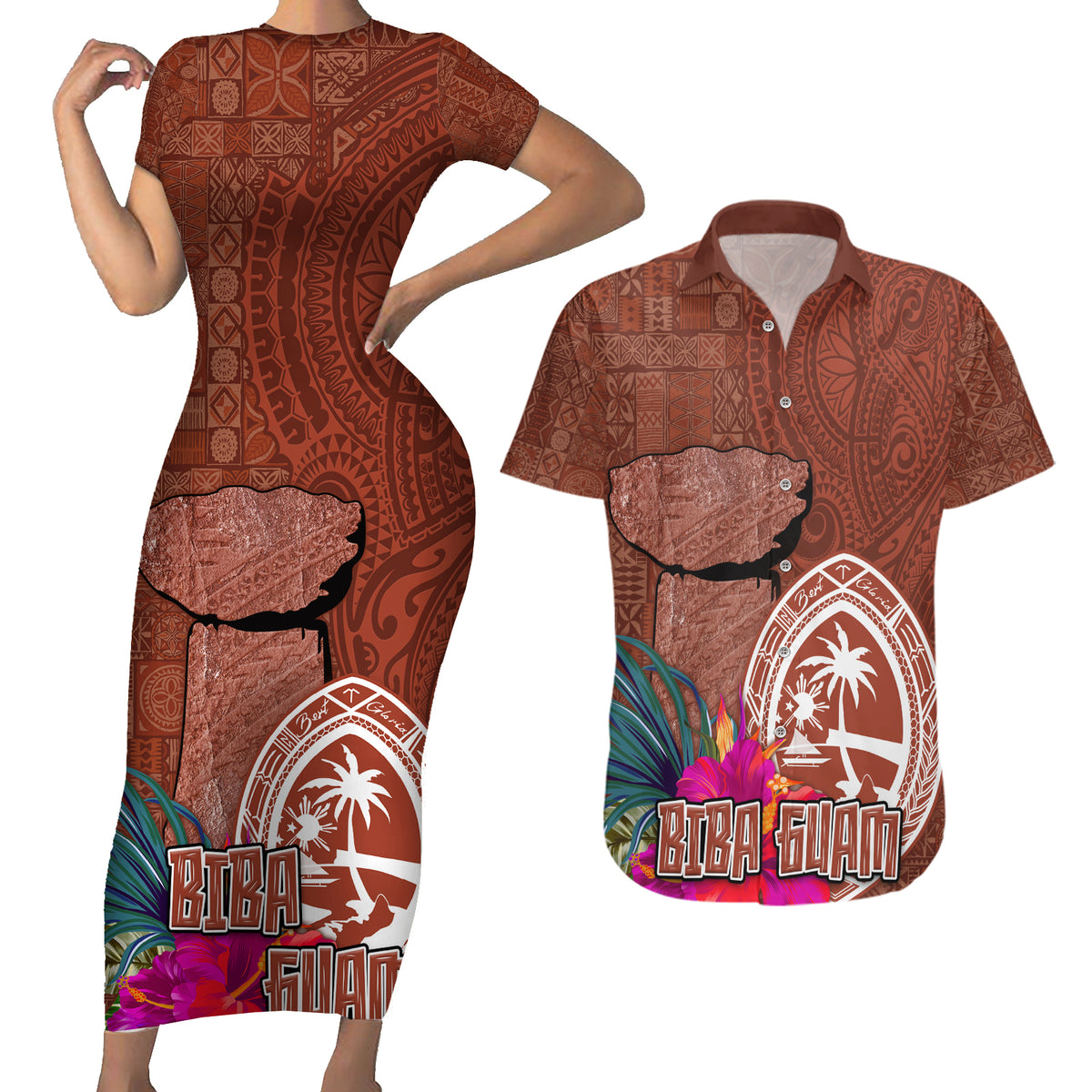 Chamorro Biba Guam Couples Matching Short Sleeve Bodycon Dress and Hawaiian Shirt Latte Stone Tribal and Hibiscus Flower Tapa Pattern LT03 Brown - Polynesian Pride