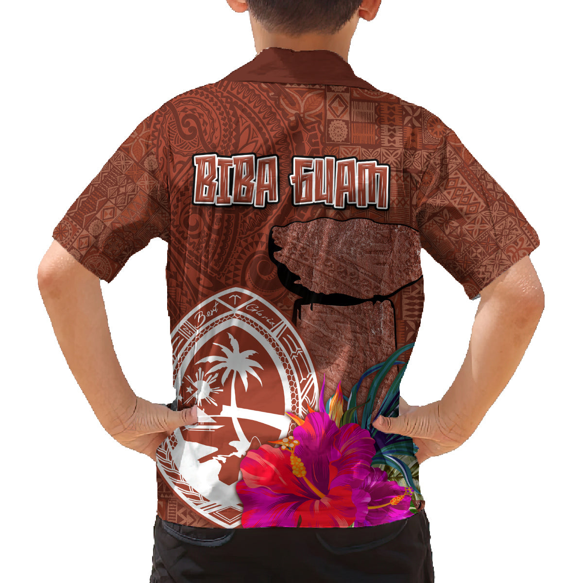 Chamorro Biba Guam Family Matching Long Sleeve Bodycon Dress and Hawaiian Shirt Latte Stone Tribal and Hibiscus Flower Tapa Pattern LT03 - Polynesian Pride