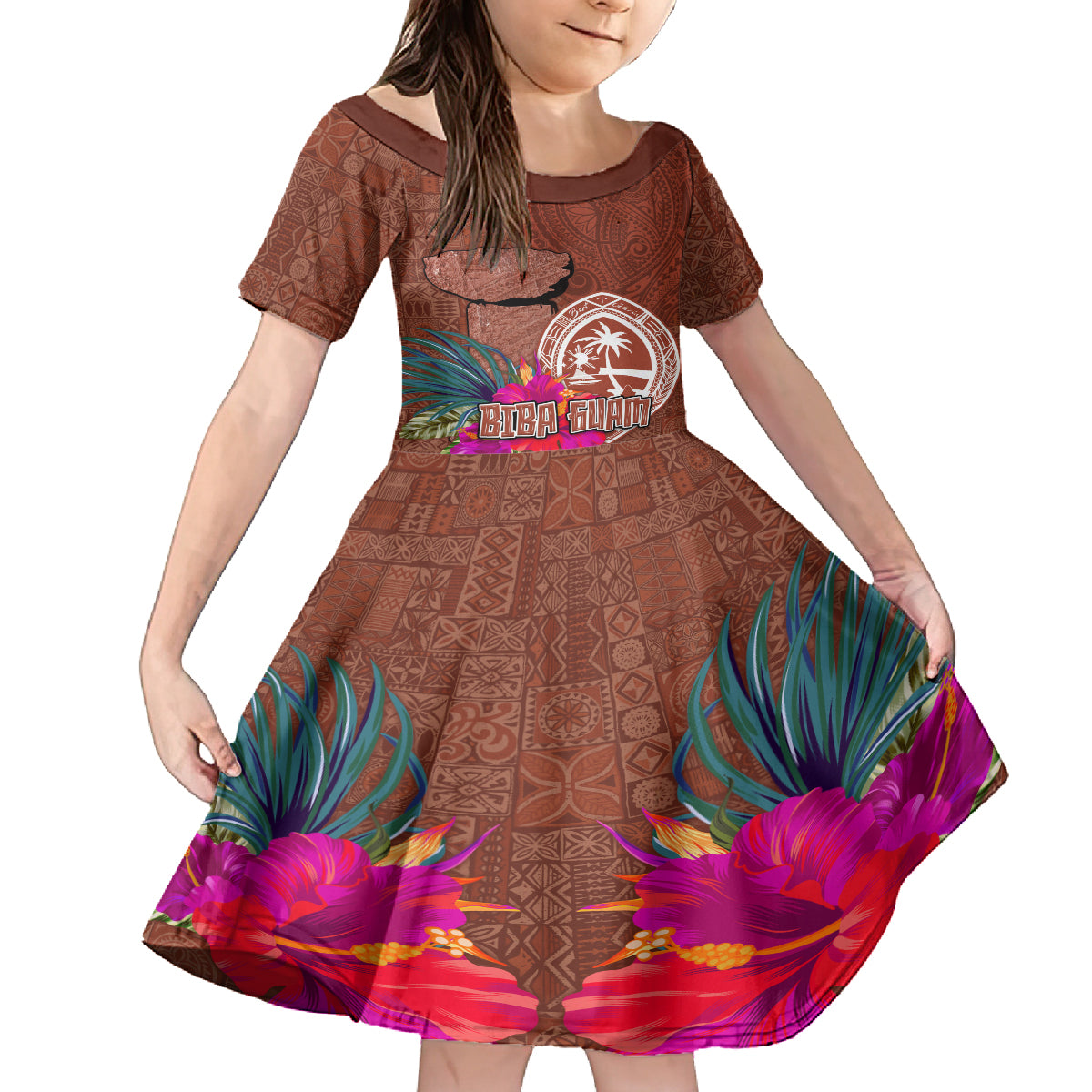 Chamorro Biba Guam Family Matching Long Sleeve Bodycon Dress and Hawaiian Shirt Latte Stone Tribal and Hibiscus Flower Tapa Pattern LT03 Daughter's Dress Brown - Polynesian Pride