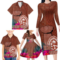 Chamorro Biba Guam Family Matching Long Sleeve Bodycon Dress and Hawaiian Shirt Latte Stone Tribal and Hibiscus Flower Tapa Pattern LT03 - Polynesian Pride