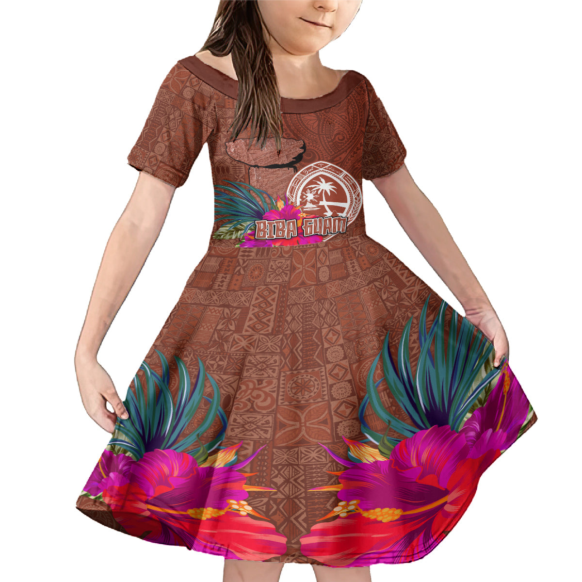 Chamorro Biba Guam Family Matching Mermaid Dress and Hawaiian Shirt Latte Stone Tribal and Hibiscus Flower Tapa Pattern LT03 Daughter's Dress Brown - Polynesian Pride