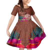 Chamorro Biba Guam Family Matching Mermaid Dress and Hawaiian Shirt Latte Stone Tribal and Hibiscus Flower Tapa Pattern LT03 Daughter's Dress Brown - Polynesian Pride