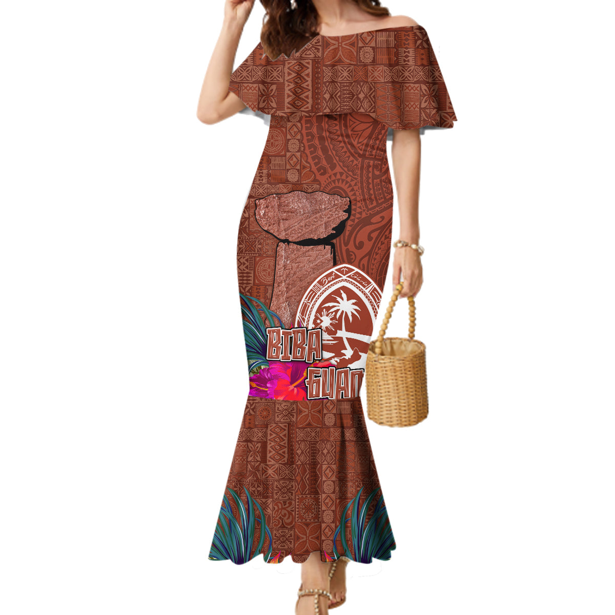Chamorro Biba Guam Family Matching Mermaid Dress and Hawaiian Shirt Latte Stone Tribal and Hibiscus Flower Tapa Pattern LT03 Mom's Dress Brown - Polynesian Pride