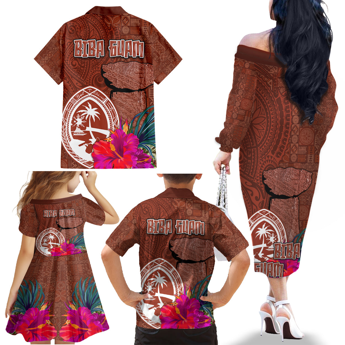 Chamorro Biba Guam Family Matching Off The Shoulder Long Sleeve Dress and Hawaiian Shirt Latte Stone Tribal and Hibiscus Flower Tapa Pattern