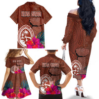 Chamorro Biba Guam Family Matching Off The Shoulder Long Sleeve Dress and Hawaiian Shirt Latte Stone Tribal and Hibiscus Flower Tapa Pattern