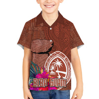 Chamorro Biba Guam Family Matching Off Shoulder Short Dress and Hawaiian Shirt Latte Stone Tribal and Hibiscus Flower Tapa Pattern LT03 Son's Shirt Brown - Polynesian Pride