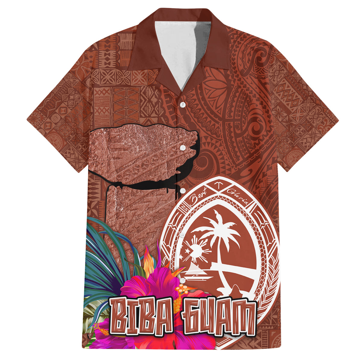 Chamorro Biba Guam Family Matching Puletasi and Hawaiian Shirt Latte Stone Tribal and Hibiscus Flower Tapa Pattern LT03 Dad's Shirt - Short Sleeve Brown - Polynesian Pride